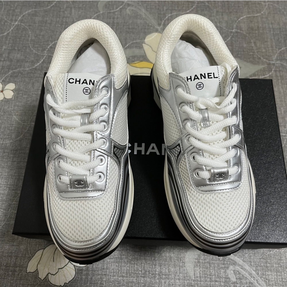 Chanel Women's White & Silver Mesh Sneakers